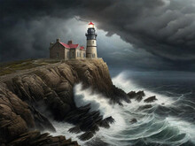 Lighthouse On Rocky Cliff In Storm Illustration