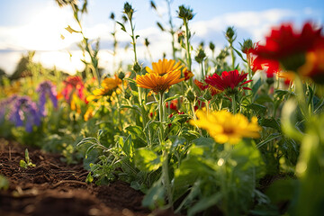 Wall Mural - some colorful flowers in the grass with blue sky and clouds in the background on a sunny day at an urban park