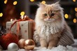 persian cat with christmas gifts around it