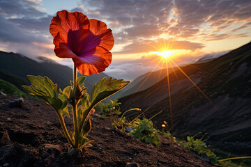 Wall Mural - a flower with the sun setting in the sky behind it and some grass growing on the ground to the right