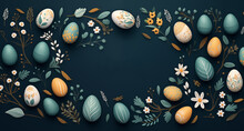 Easter Eggs With Banner With Handwritten Happy Easter Greeting On Dark Blue Ground 2