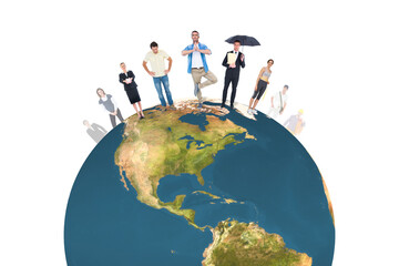 Poster - Digital png illustration of people standing on globe on transparent background