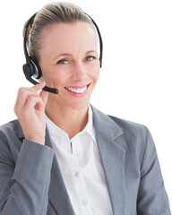 Poster - Digital png photo of happy caucasian woman with headset, smiling on transparent background