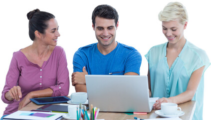 Poster - Digital png photo of caucasian colleagues using laptop and tablet on transparent background