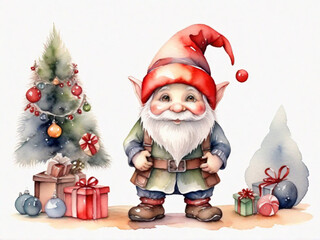 Santa Claus drawing cartoon style and christmas tree on white background, watercolor