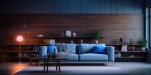 A Modern And Minimalist Living Room, With A 3 D Fractal Texture, And A Blue Hour Lighting Effect. AI Generative