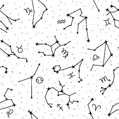Wall Mural - Zodiac constellations seamless pattern, astrological forecast, magic repeating print of stars. Astrology, horoscope signs, constellations of stars vector illustration on white