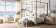 a coastal-inspired bedroom with a white canopy bed, blue bedding, and nautical accents. AI Generative