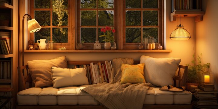 a cozy reading nook with a built-in window seat, plush cushions, and a vintage reading lamp. AI Generative