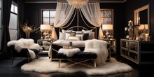 A Glamorous Hollywood Regency-inspired Bedroom With A Mirrored Canopy Bed, And A Crystal Chandelier. AI Generative