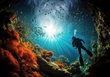 Fototapeta Do akwarium - A fish-eye view of an explorer diving into a crystal-clear underwater cave