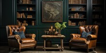 A Masculine Den With Leather Armchairs, Dark Wood Paneling, And A Vintage Bar Cart. AI Generative