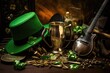St. Patrick's Day celebration concept. Leprechaun hat, beer mug, shamrock and gold coins on wooden table, St. Patrick's Day composition with green beer, shamrock, leprechaun hat, AI Generated