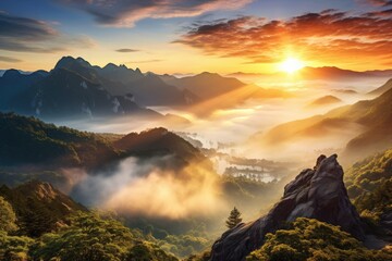 Poster - Mountain landscape. Sunrise over the misty valley. Beautiful nature scenery, Sunrise on a mountain landscape view with clouds, AI Generated