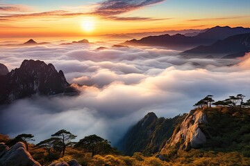 Poster - Sunrise over the clouds in Huangshan National Park, China, Sunrise on a mountain landscape view with clouds, AI Generated