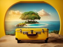 Yellow Suitcase With Island Background