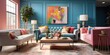 Design a colorful and eclectic living room with a mix of patterns and textures. AI Generative