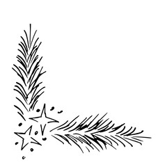 Wall Mural - Simple black outline vector illustration, hand drawn. Coniferous branches and stars, corner. Christmas winter decor. Ink sketch.