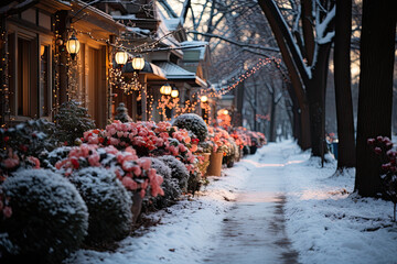 Wall Mural - a snowy street lined with flowers and lights in the wintertime, as seen from an alley at night time