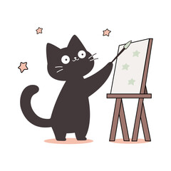 Cute cat holds brush and draws picture on easel, canvas. Kawaii animal artist vector illustration. Creative pet, funny childish art. Hand drawn doodle style. Template isolated on white background.