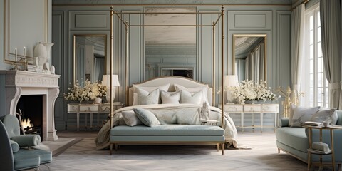 Design a luxurious master bedroom suite with a four-poster bed, silk drapes, and a marble fireplace. AI Generative