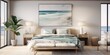 Design a modern coastal bedroom with a platform bed, ocean-inspired artwork, and a woven jute rug. AI Generative