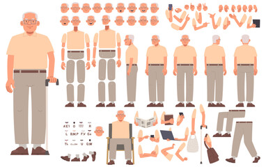 grandfather character constructor for animation. an elderly man in various poses and views, gestures