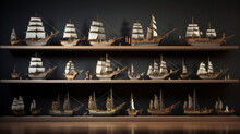 A Set Of Model Ships, Lined Up On A Shelf
