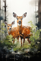 Wall Mural - Roe deer in watercolor style. Illustration generative AI