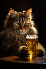 Funny red cat drinking beer. AI Generative