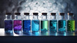 A row of vials with bright blue, green, and purple liquids