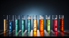 A Row Of Test Tubes Filled With Different Colored Liquids, With A Microscope And Bunsen Burner In The Background
