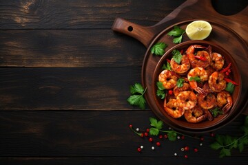 Sticker - Generative AI : Top view of a rustic background with a copy space featuring a meal of spicy shrimp
