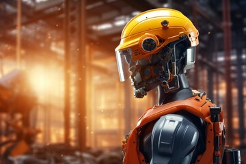 Leinwandbilder - Generative AI : Engineer robot wearing yellow safety helmet_