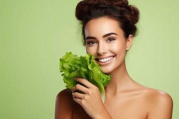 Aufkleber - Generative AI : Woman with perfect skin holding green lettuce near her face