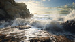 A rocky beach with waves crashing against the shore
