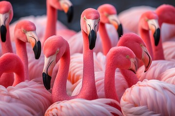 Poster - Generative AI : pink flamingo standing in the water at sunset or dawn.