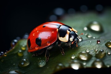 Poster - Generative AI : Extreme macro shots, Beautiful ladybug on flower leaf defocused background.