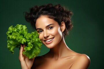 Aufkleber - Generative AI : Woman with perfect skin holding green lettuce near her face