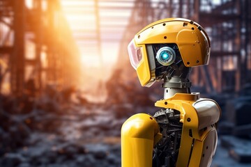 Aufkleber - Generative AI : Engineer robot wearing yellow safety helmet_