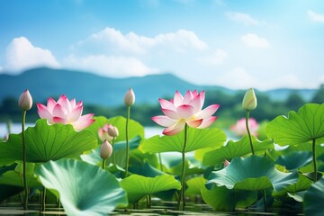 Wall Mural - Generative AI : closeup pink lotus in lake with green lotus leaves background in nature.