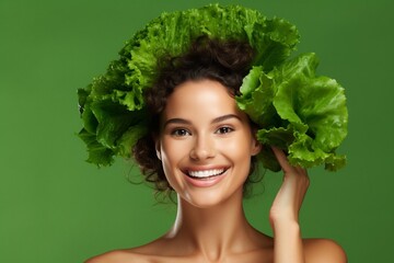 Aufkleber - Generative AI : Woman with perfect skin holding green lettuce near her face