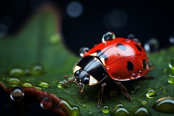 Poster - Generative AI : Extreme macro shots, Beautiful ladybug on flower leaf defocused background.