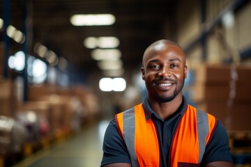 Aufkleber - Generative AI : African America engineer wearing safety helmet and vest standing in the automotive warehouse 