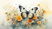 A Beautiful Watercolor Of A Butterfly On A Flower With A Soft Yellow Background. AI Generative