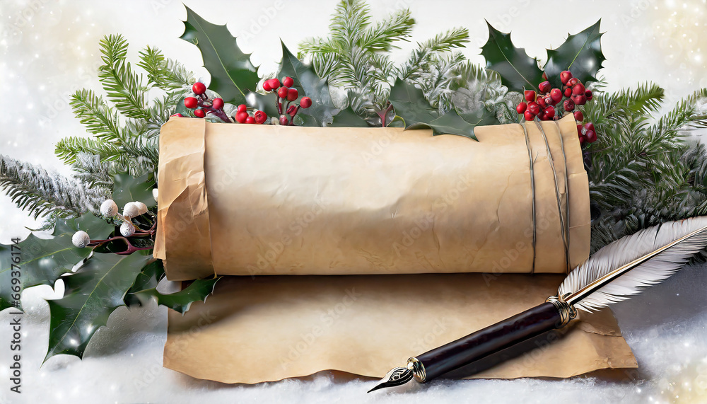 Christmas old fashioned scroll on parchment paper and white background ...