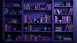 A purple bookcase, filled with various books and magazines 