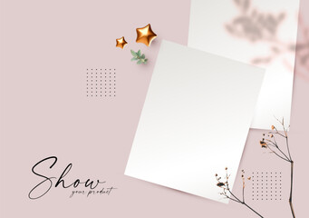 Wall Mural - soft mock up with a4 paper template and branch with leaves shadow.