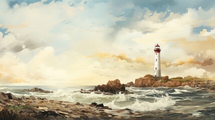 Wall Mural - A lighthouse by the sea, watercolor, layering, earthy tones. AI Generative