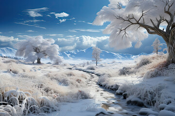 a snowy landscape with trees and bushes in the fore, as if it's snowing or frosty